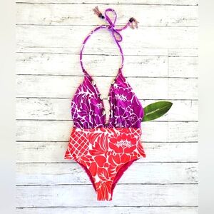 Farm Rio Graphic Dreams One Piece Swimsuit Halter Pink Purple Beaded Shells
